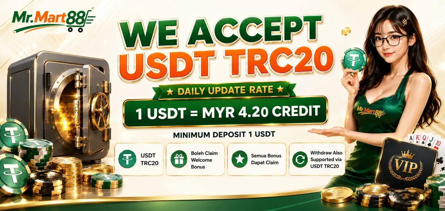 Deposit USDT TRC20 di MrMart88, 1 USDT bersamaan kredit MYR 4.20